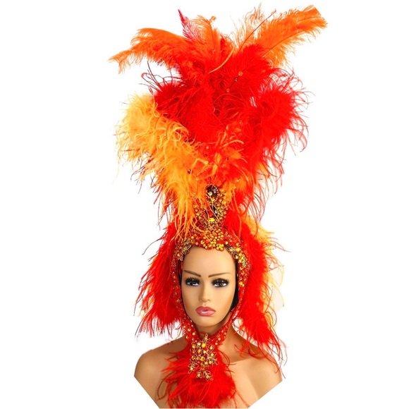 Rio de Janeiro Accessories - Showgirl Orange & Red Feathers Headdress W/ Ostrich Marabou Feather Boas Unisex